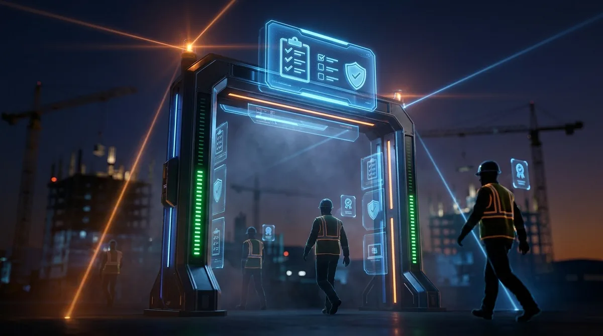 Construction Site Safety | CAQA WHS A worker passes through a futuristic security gate at a construction site, demonstrating effective workplace safety.